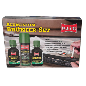 Ballistol Aluminium Browning Set este un kit de oxidare a suprafețelor de aluminiu conceput pentru oxidare nouă sau restaurarea deteriorărilor minore. Acesta include un grund de aluminiu pentru pregătirea înainte de oxidare.