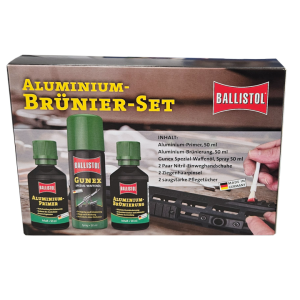 ​Ballistol Aluminium Browning Set е комплект за оксидиране на алуминиеви повърхности, предназначен за ново оксидиране или възстановяване на малки повреди. Той включва алуминиев грунд за подготовка преди оксидиране.